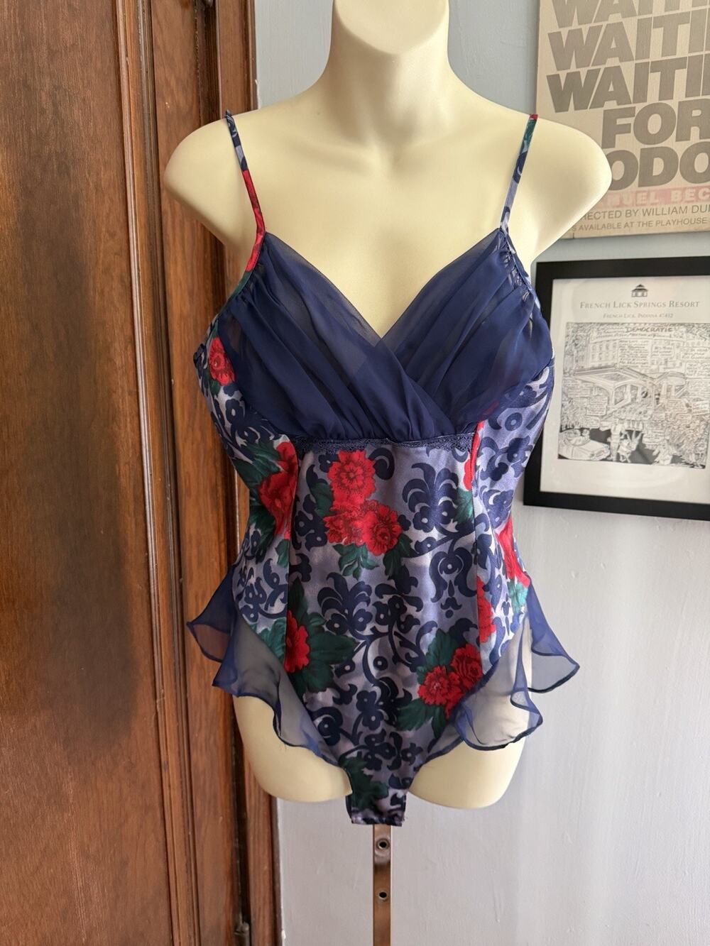 Vintage 90s Honors Intimates Navy Floral Silky Snap button Teddy Lingerie M